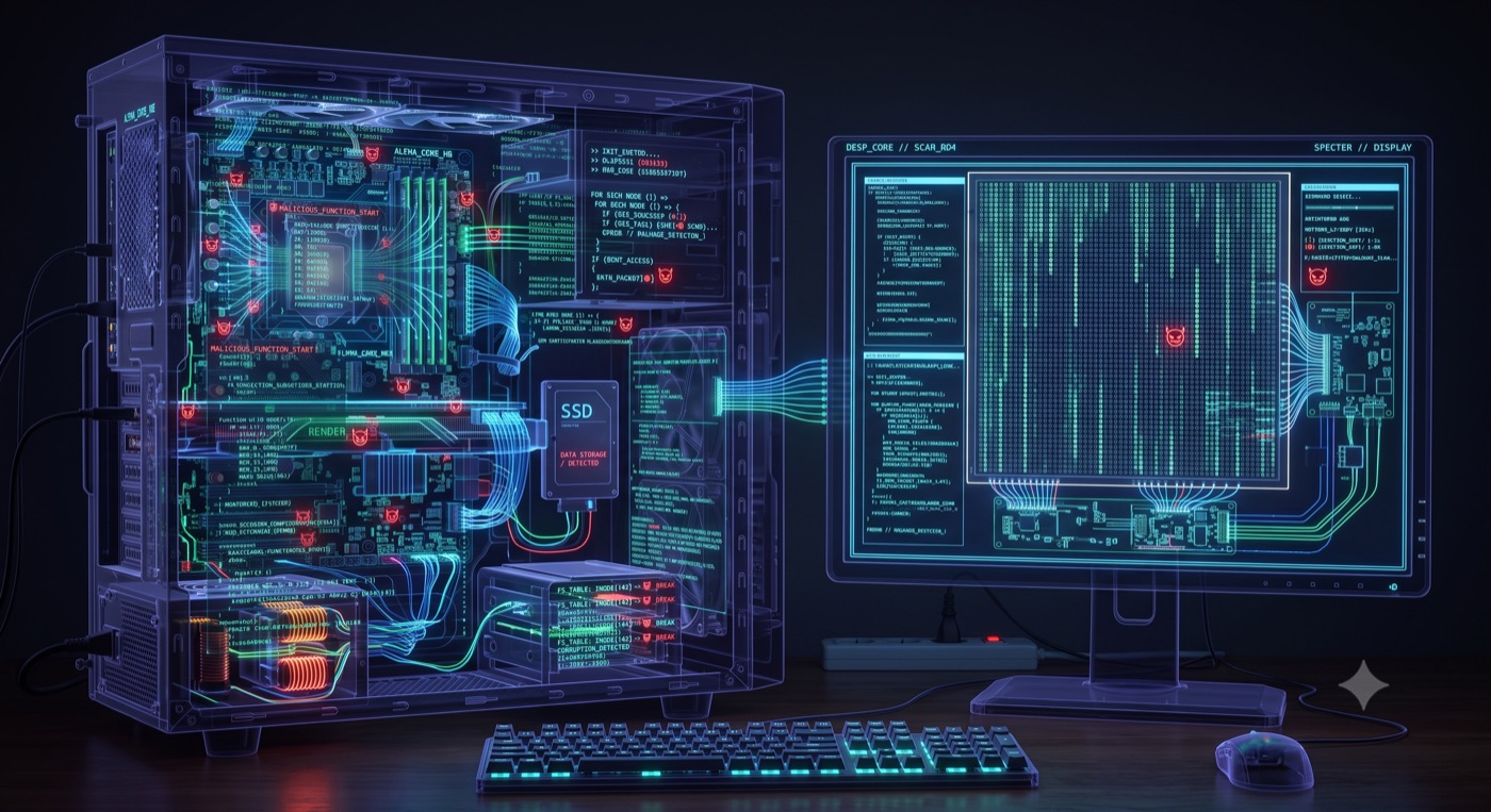 Illustrative rendering of an opaque compute system, styled as a diagnostic plate